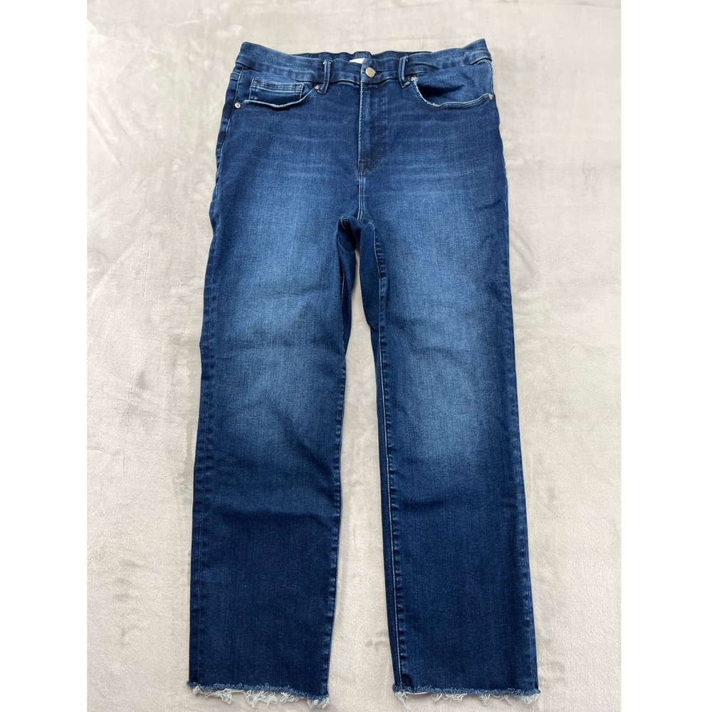 Good American High Rise Jean Women 14-18 Blue Raw Hem Straight Stretch Excellent